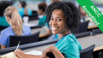 Woman in classroom smiles while taking notes; text reads ANCC Accredited