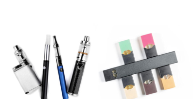 Common vaping devices and e-cigarettes.